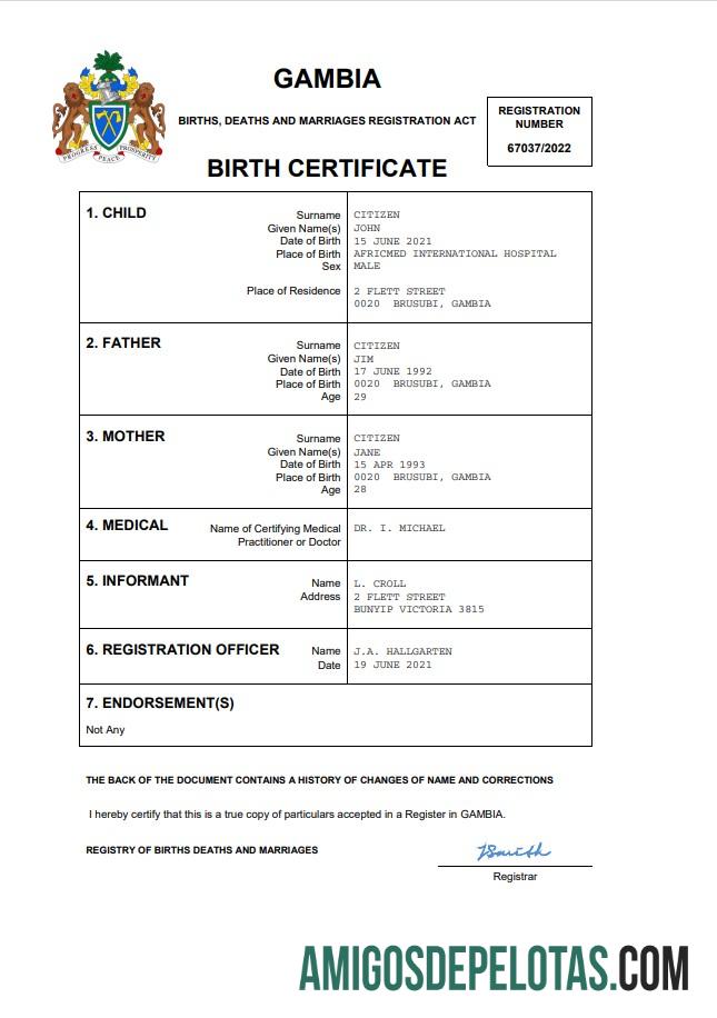 Realista modelo Word e PDF de certidão de nascimento da Gâmbia